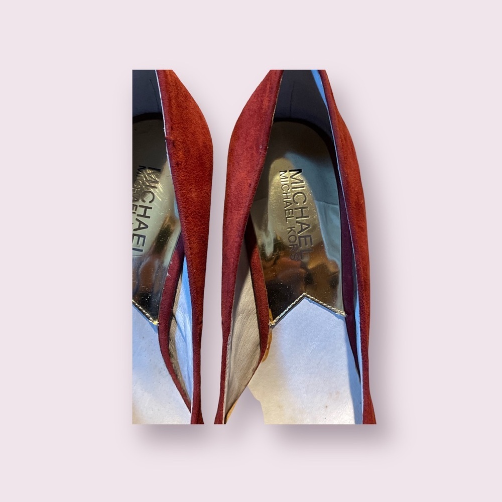 Michael Kors Burgundy Suede Pumps with Brown Leather Cap Toe - Picture 4 of 6